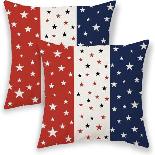 4th of July Pillow Covers 16x16, Memorial Day Patriotic Outdoor Decorative Throw Pillows for Couch, Red Blue White Star Decor Cushion Cover 2 Pcs American Flag Linen Pillowcase for Bed Car Safa