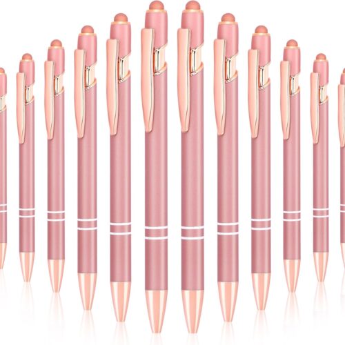 12pcs Ballpoint Pens, 2-in-1 Retractable Ballpoint Pen, 1.0mm Black Ink Soft Touch Click Metal Pen with Stylus Tip for Touch Screens（Rose Gold Color）