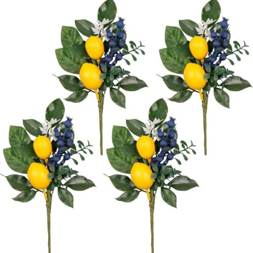 4 Packs Spring Summer Picks with Lemons Blueberry Eucalyptus Leaves, Artificial Fruit Lemon Picks with Greenry, Summer Lemon Branches Decorations for Home Vase Kitchen Table Decor-12''