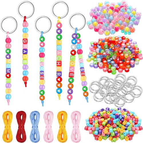 564 Pcs DIY Bead Keychain Kit Key Chain Making Craft Adjustable Letter Beads Strings Mama Keychain Gift Alphabet Jewelry Key Ring Backpack Accessories for Party Favor