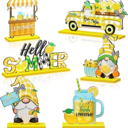 6 Pcs Lemon Decorations Lemon Gnome Wooden Table Centerpiece Hello Summer Lemonade Wood Sign for Table Farmhouse Kitchen Summer Lemon Theme Party Table Tiered Tray Decor
