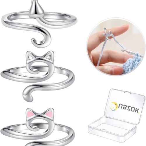 Crochet Rings for Crocheting Adjustable Crochet Tension Ring for Finger Cat Yarn Guide Ring Knitting Crochet Accessories with Box for Women 3Pcs