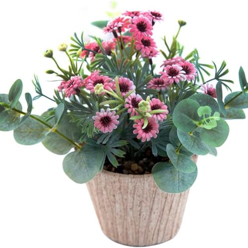 Fake Pink Flowers Plants 9" Artificial Daisy Indoor Plants with Brilliant Yellow Plastic Pot Realistic Eucalyptus Hanging Frosted White Leaves for Home Decor Porch Pots Planter Decorations