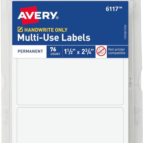 Multi-Use Permanent Labels, 1.5" x 2.75", White, Non-Printable, 76 Blank Labels Total (6117)
