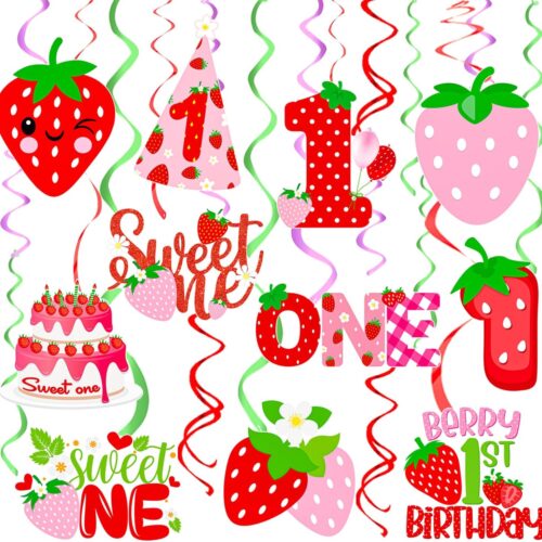 Berry First Birthday Hanging Swirls Strawberry Sweet One Party Decoration 20PCS Strawberry Hanging Streamer Strawberry 1st Birthday Party Decorations for Summer Fruit Baby Shower Supplies