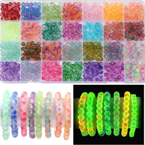 Glow in The Dark Glass Beads for Bracelet Making, 850pcs 6mm 26 Color Crystal Gem Beads Round with Luminous Numbers&Letters Craft Beads for Bracelets Necklaces Earring Making Kit Party Decor