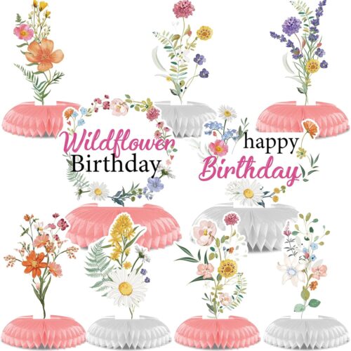 Flower Birthday Table Decorations - 9PCS Wildflower Spring Party Decor Supplies With Floral Honeycomb Centerpiece for Girls and Women