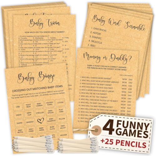Funny Baby Shower Games Gender Neutral - Baby Shower Bingo Game For Girl Boy, Trivia Word Scramble Games For Baby Shower Decorations