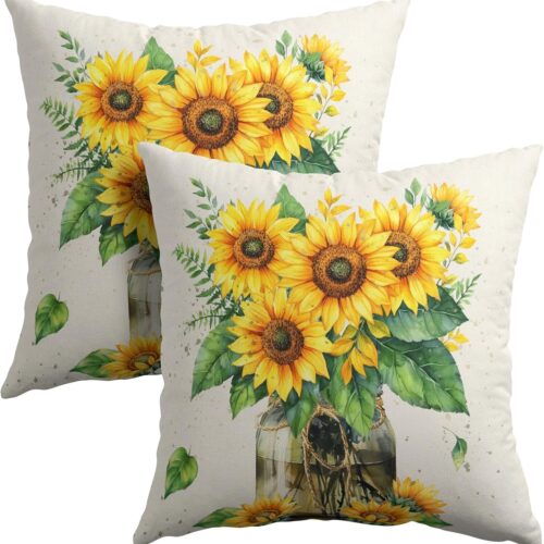 Spring Summer Yellow Flowers Throw Pillow Covers 18X18 Inches Set of 2 Sunflowers with Green Leaves Mason Jar Pillowcase Soft Cotton Linen Square Summer Cushion Covers for Home Sofa Patio Bedroom