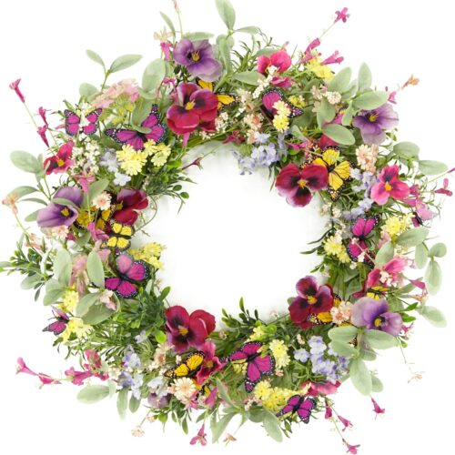 Artificial Spring Wreaths for Front Door Pansy Wreath Summer Wreath with Colorful Pansy,Berry,Daisy for Front Door Indoor Outdoor Farmhouse Home Wall Window Festival Decoration