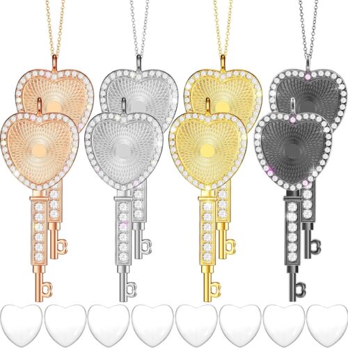 24 Pieces Rhinestone Bezel Pendant Trays Set Includes Heart Shape Key Rhinestone Bezel Cabochon Trays Clear Glass Cabochons Necklace Cords for Photo Pendant DIY Jewelry