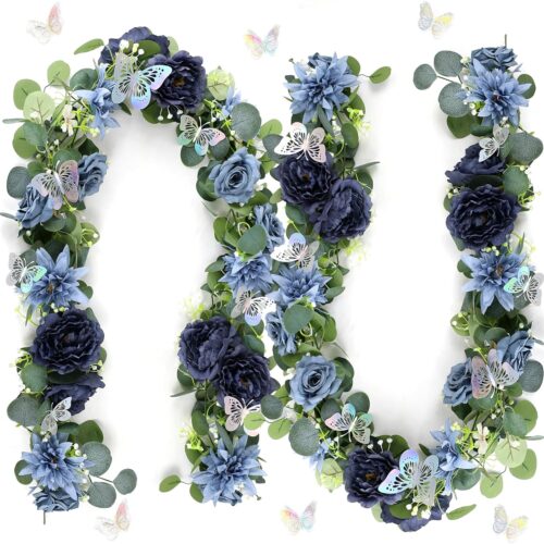 Eucalyptus Garland with Flowers - 2 Pack 5.9 FT Fake Flower Garland with Butterflies Faux Rose Greenery Garlands for Wedding Table Backdrop Arch Centerpieces Decorations - Navy Blue