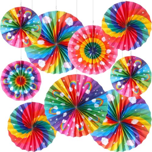 9 Pcs Rainbow Party Decorations Paper Fans Boho Classroom Bulletin Board Decor Ceiling Wall Hanging Paper Fans for Rainbow Birthday Baby Shower Party Supplies