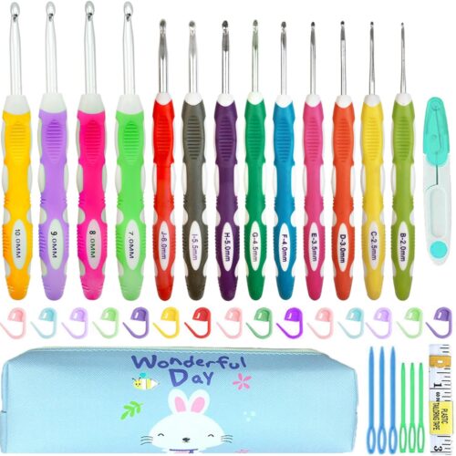 13 Size Crochet Hook Set,2mm(B)-10mm(N) Ergonomic Crochet Hooks with Case,Extra Long for Arthric Hands,Soft Grip Crochet Hooks Needles for Beginners&Gift