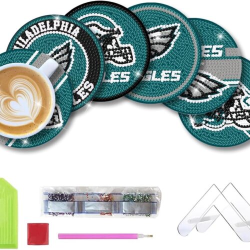 6 Pcs Diamond Paintings Coasters Kits with Holder, DIY Football Diamond Art Coasters for Adults Kids, Diamond Dot Kits for Philadelphia Craft Gifts