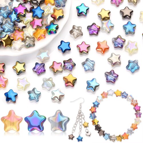 200PCS 8MM Bedazzling Irisedent Glass Beads,Crystal Star Beads,Fancy Shine Mixed Colors Loose Beads for Necklace Bracelet Earring Jewelry Making, Cute Spacer Beads for Crafting & DIY