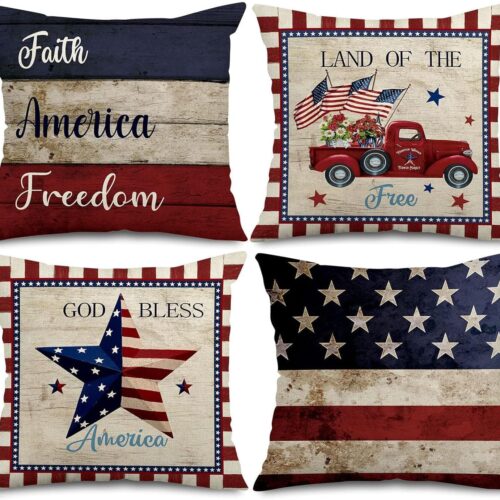 4th of July Outdoor Pillow Covers 20 x 20 Faith Freedom American Decorative Throw Pillow Covers Stars Stripes Cushion Case Independence Memorial Day Vintage Sofa Porch Pillows Decoration