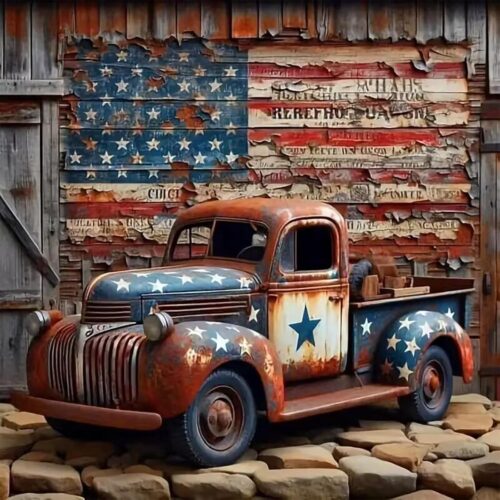 5D Vintage Truck Diamond Art Kits for Adults Beginners,DIY Full Square Drill Diamond Painting Kits American Flag,Paint by Diamonds Dot Gem Art Crystal Car Easy,Home Wall Decor 11.8X11.8Inch
