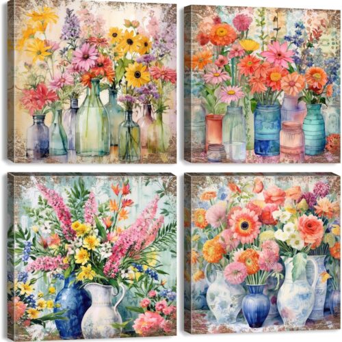 Colorful Mason Jar Flower Wall Art Bedroom Retro Porcelain Floral Pictures for Living Room Farmhouse Wildflower Poppy Daisy Canvas Prints Abstract Bouquet Artwork Bathroom Home Decorations 12x12” 4P