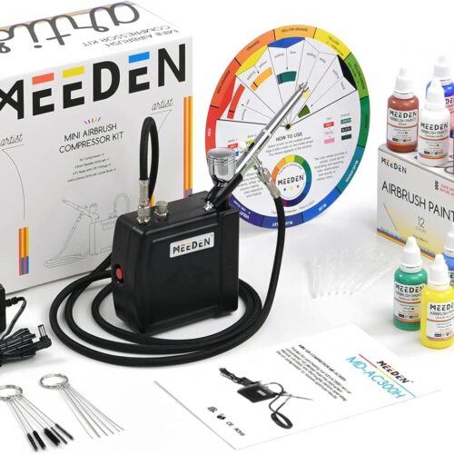 Airbrush Kit with Air Compressor, 12 Colors Acrylic Paint, Dual Action Air Brush Spray Gun with 0.5mm Nozzle & Cleaning Set - Ideal for Painting, Nails Art, Model Making & DIY - Black