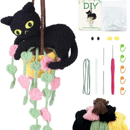 Crochet Kit for Beginners Starter Crochet Hanging Black Cat Potted Plants Knitting Kit with Step-by-Step Video Tutorials for Adults Kids