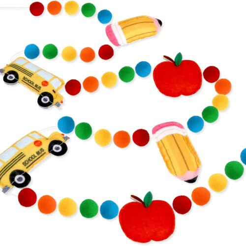 Back to School Decorations 7.5 Ft Felt Pompom Banner Pencil Apples School Bus Felt Ball Pre-Assembled Hanging Banner Welcome Back to School Garland for Classroom, Mantle, Wall, Party Supplies