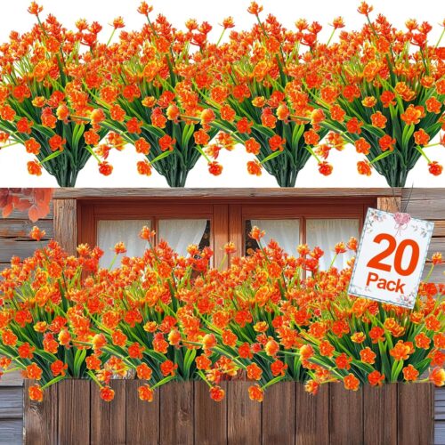 20 Bundles Artificial Fall Flowers for Outdoors Fake Mums Plants Fall Decor, UV Resistant Artificial Plants Fake Flowers Faux Plastic Greenery Shrub Home Porch Summer Decor 580 Heads(Orange)