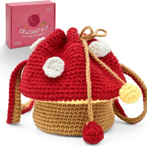 Crochet Kit for Beginners with Step-by-Step Video Tutorials,Cute Mushroom Crossbody Purse Bag Starter Crochet Kit for Women Knitting Kits Learn to Crochet Set (Mushroom Bag)