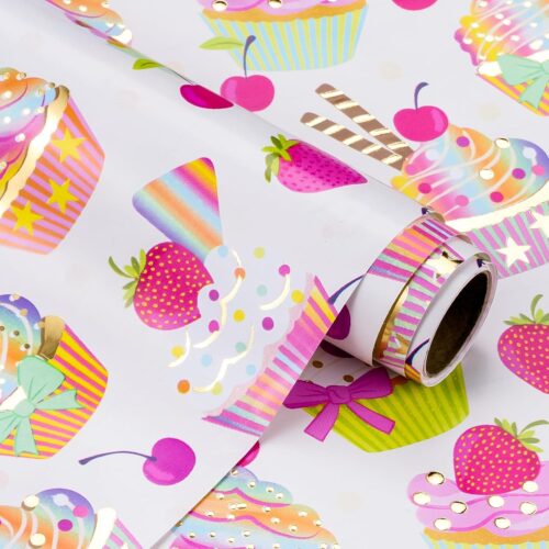 Foil Wrapping Paper - Mini Roll - 17 Inch x 16.5 Feet - Gold Foil Cupcakes Birthday Wrapping Paper for Kids Girls, Baby Showers, Weddings