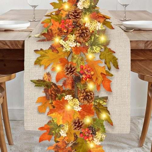 6ft Fall Garland with Lights,Autumn Garlands for Decoration with Berry Pine Leaves,Fall Leaf Garland for Mantle Table,Thanksgiving Indoor and Outdoor Fall Decor