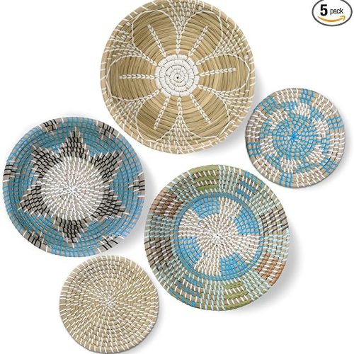 Hanging Woven Wall Basket Decor - Wicker Wall Baskets Decor Boho Flat set of 5