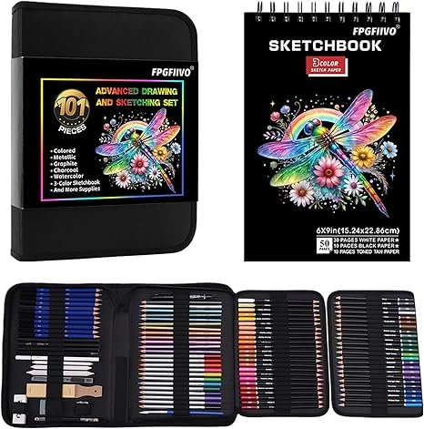 101 Pieces Advanced Drawing Set and Sketching Kit, with 3-Color Sketchbook