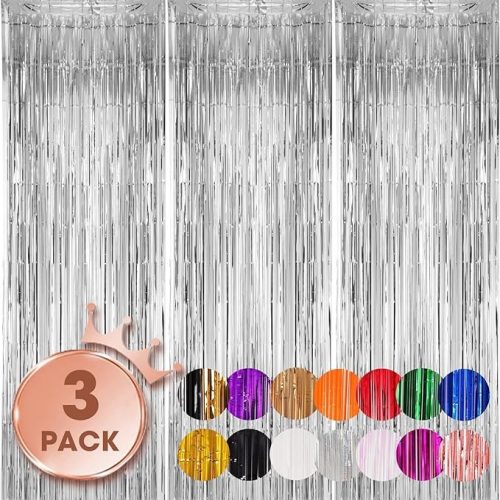 Voircoloria 3 Pack 3.3x8.2 Feet Silver Foil Fringe Backdrop Curtains