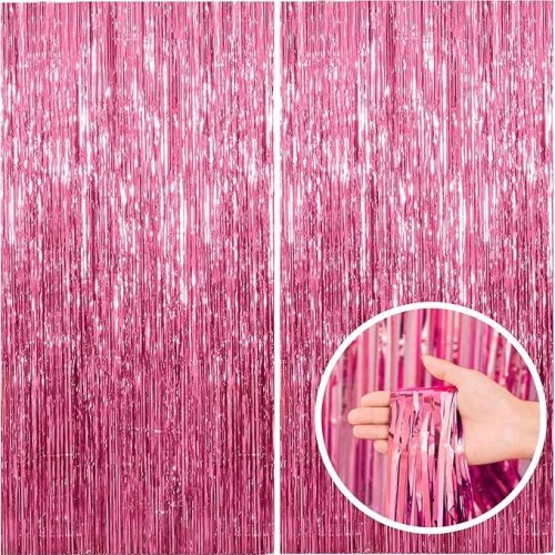BOMSI 2 Pack Pink Backdrop Party Decorations Tinsel Curtain