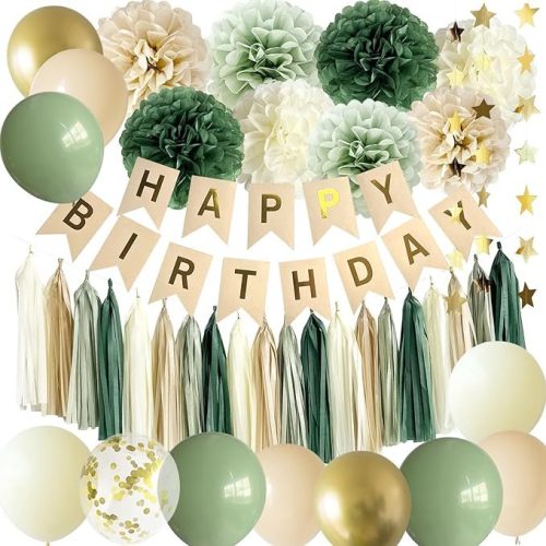 ANSOMO Sage Green Happy Birthday Party Decorations