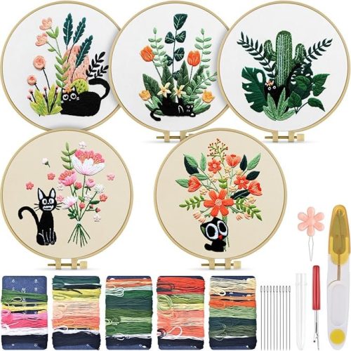 Embroidery Kit for Adult for Beginners, 5 Sets Black Cat and Flower Embroidery