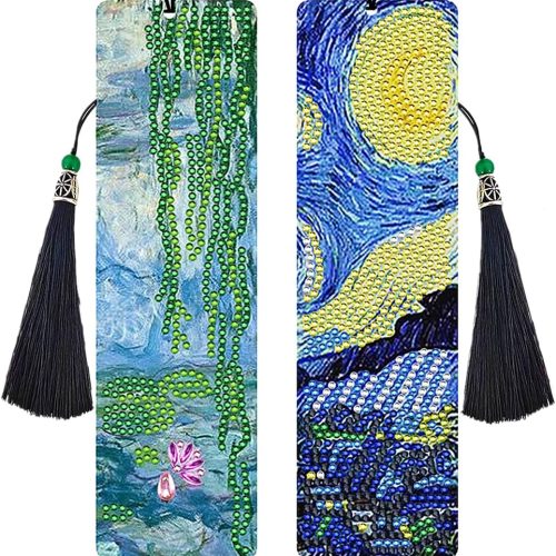 NIHO-JIUMA Diamond Painting Bookmark Kits Starry Night & Water Lily, DIY Crystal Diamond Art Tassel Acrylic Bookmark Kits for Adult (2 Pack)