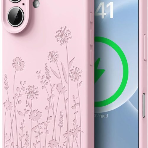 for iPhone 16 Phone Case for Women Compatible with Magsafe, Hard Liquid Silicone Cute Pink Spring Floral Design Shock Proof Heavy-Duty Protection for Women Girls