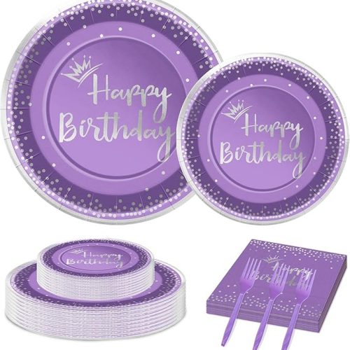 96 Pieces Purple and Silver Birthday Plates and Napkins Party Tableware Set, 24 Guests