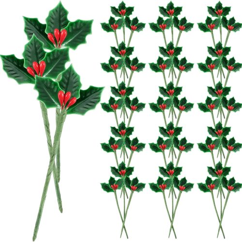 XunYee 48 Pcs Lacquered Holly Picks Artificial Red Holly Berry Stems with Leaves Christmas Holiday Mini Holly Leaves Decorations for Home Christmas Holiday Party Crafts De