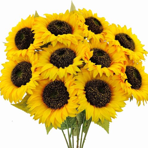 10 Pcs Sunflowers Artificial Flowers with Long Stems Silk Fake Large Sunflowers Bouquet Faux Sunflower Arrangement for Outdoor Indoor Home Vase Table Wedding Party Garden DIY Decor (Yellow)