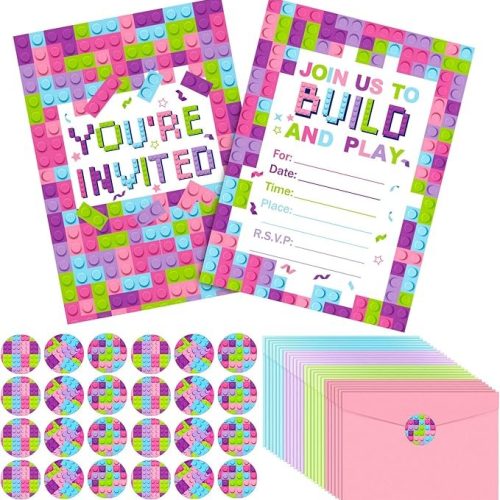 Colarr 24 Set Girls Pink Building Blocks Birthday Party Invitations