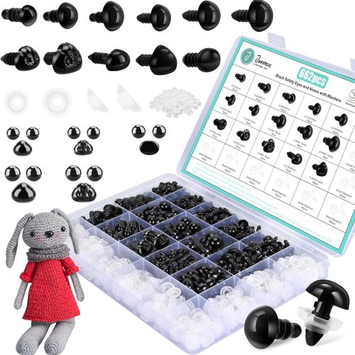 662Pcs Safety Eyes and Noses for Amigurumi, Junreox Preimum 5-14mm Safety Eyes for Crochet Stuffed Animals, Assorted Plastic Crochet Craft Eyes with Washers for Teddy Bear, Dolls, Plushies Toys, Black
