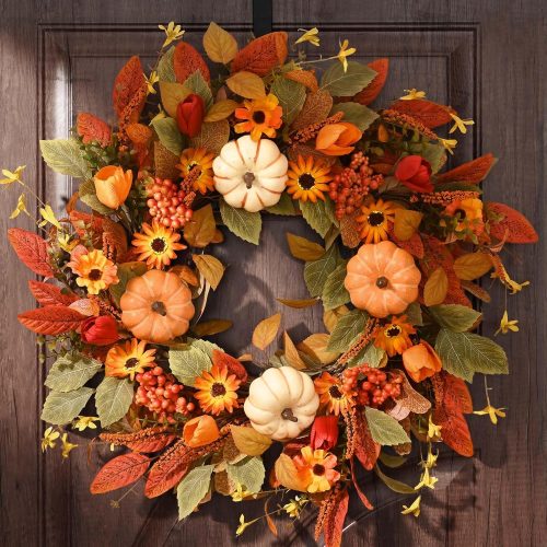 Fall Wreaths for Front Door Outside, 22 Inch Fall Decorations for Home, Large Autumn Wreath with Pumpkin for Indoor Outdoor Porch Thanksgiving Farmhouse Harvest Decor