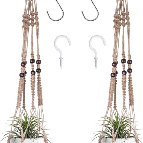 Macrame Plant Hanger Indoor Hanging with Wood Beads Macrame Planters No Tassel for Indoor Outdoor Boho Home Decor 35 Inch(Brown, 2)