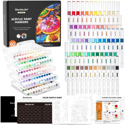 Automatic Ink Control Acrylic Paint Markers, 60 Colors Brush Tip Acrylic Paint Pens for Rock Painting, Ceramic, Wood, Canvas, Glass, Stone, Fabric, Card Making, DIY & Art Supplies
