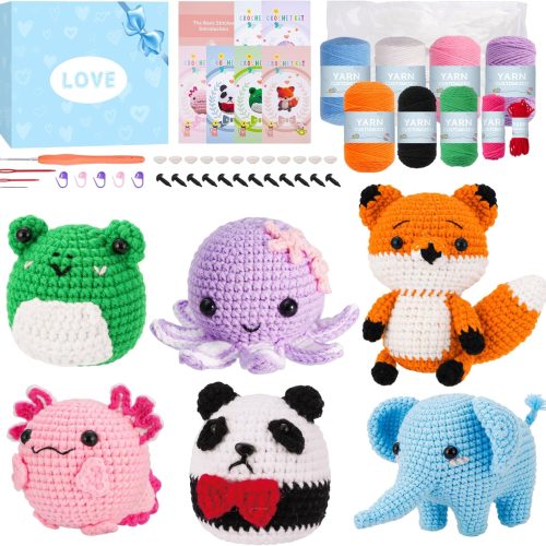 Crochet Kit For Beginners, Beginner Crochet Kit For Kids and Adults, 6 Pcs Crochet Animal Kits with Step-by-Step Video Tutorials, DIY Crochet starter Kit ,Easy Knitting Set for Beginners (40%+ Yarn)