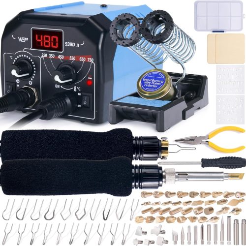 939D-II 2-IN-1 Wood Burning Kit 86-IN-1 with 51 Solid Points and 20 Wire Nibs Wood Burner with 2 Letter Number Stencils, 2 Unfinished Wood, 1 Pen Holder, Burning Tool