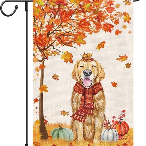 Louise Maelys Welcome Fall Garden Flag 12x18 Double Sided, Small Burlap Autumn Golden Retriever Dog Garden Flag Fall Thanksgiving Outside Outdoor House Yard Decoration (ONLY FLAG)