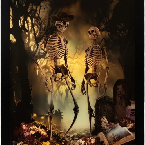 ArtbyHannah Lighted Halloween Wall Decor, Spooky Skeleton Wall Art with Gothic Haunted Mansion & Dark Academia Pictures for Kitchen Mantel Entryway Indoor Decorations (12×16 Inch)